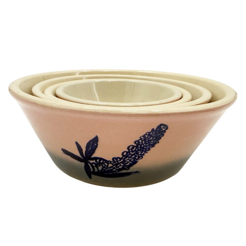 vintage set of 4 pink & gray Ath-Tex pottery Nesting Bowls Texas bluebonnets